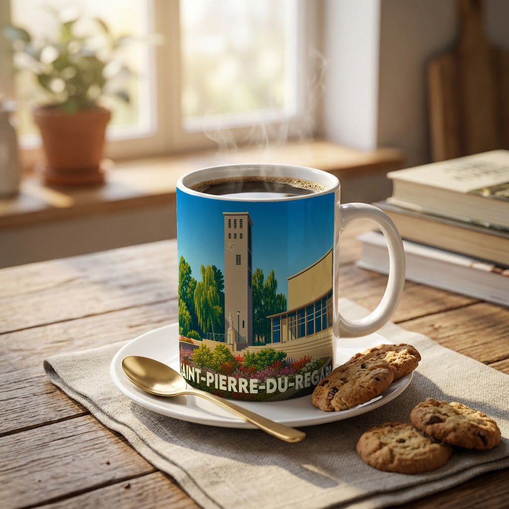 Mug souvenir de la ville de Saint-Pierre-du-Regard avec une illustration stylisée et colorée.