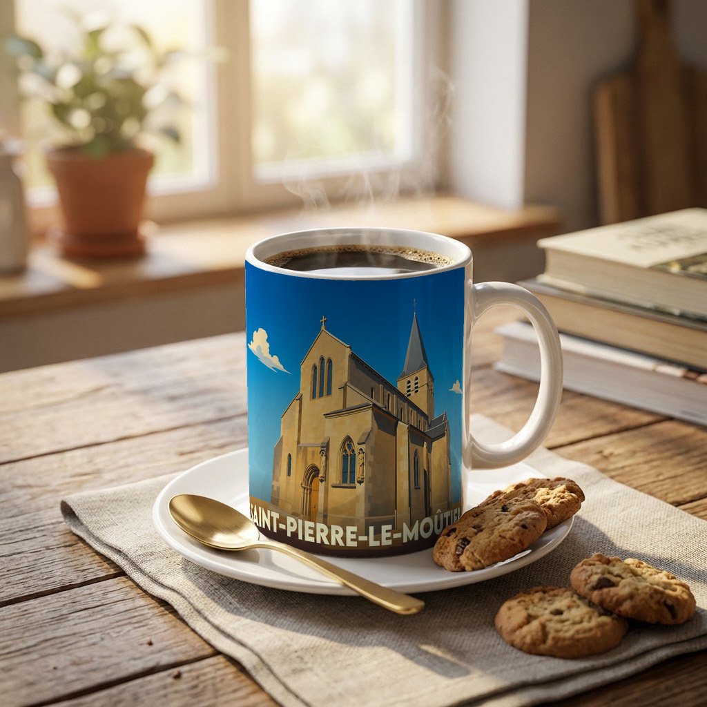 Mug souvenir de la ville de Saint-Pierre-le-Moûtier avec une illustration stylisée de son église.