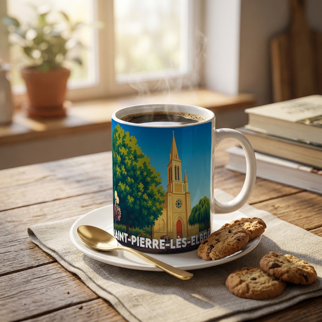 Mug souvenir de la ville de Saint-Pierre-lès-Elbeuf illustré d'un dessin stylisé de son église.