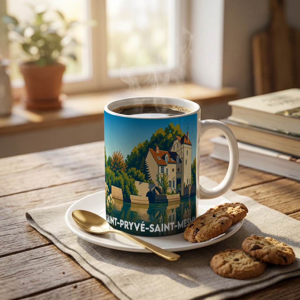 Mug souvenir de la ville de Saint-Pryvé-Saint-Mesmin avec une illustration stylisée.