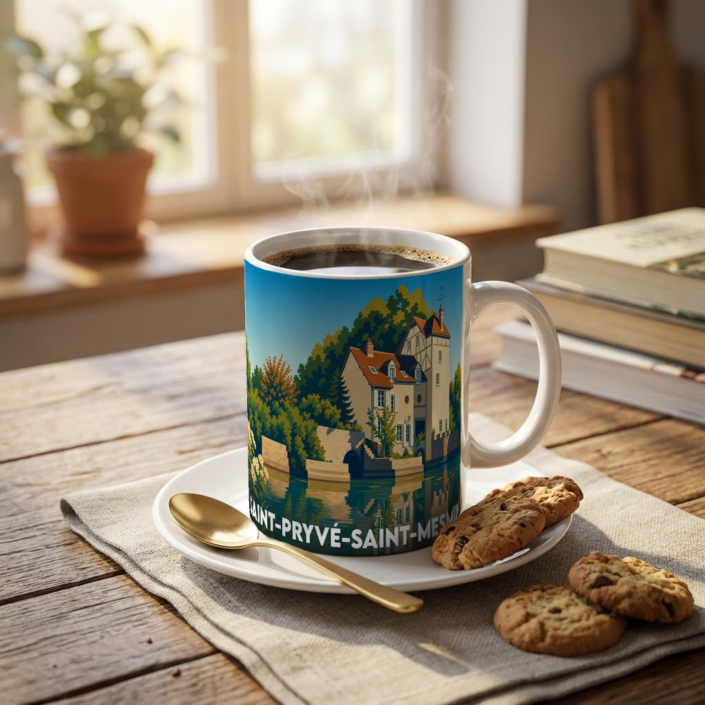 Mug souvenir de la ville de Saint-Pryvé-Saint-Mesmin avec une illustration stylisée.