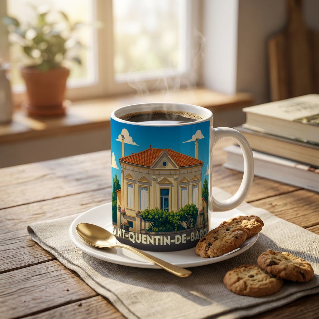 Mug souvenir de la ville de Saint-Quentin-de-Baron orné d'une illustration stylisée de sa mairie.