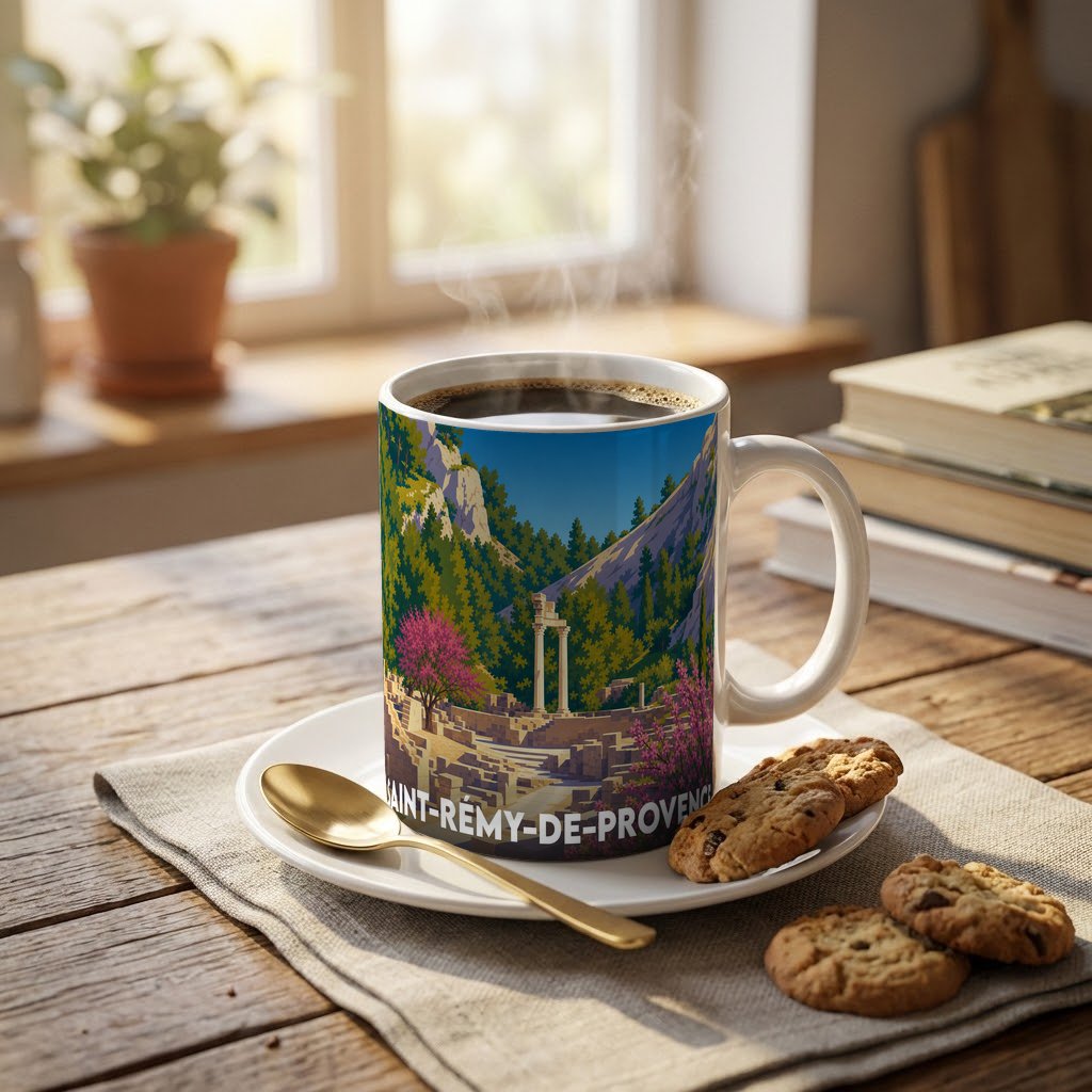 Mug souvenir de la ville de Saint-Rémy-de-Provence illustré d'un paysage provençal stylisé.