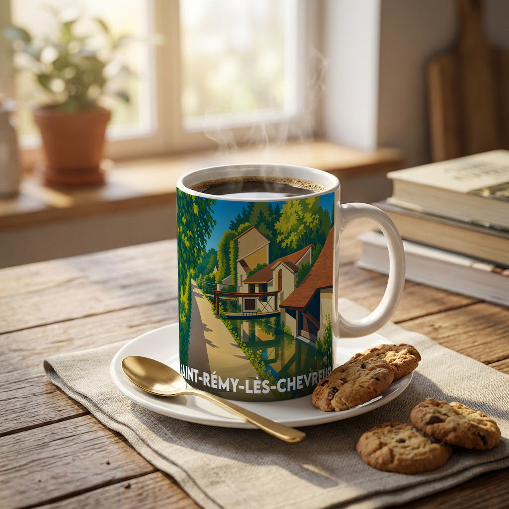 Mug souvenir de la ville de Saint-Rémy-lès-Chevreuse avec une illustration stylisée d'un paysage verdoyant au bord de l'eau.