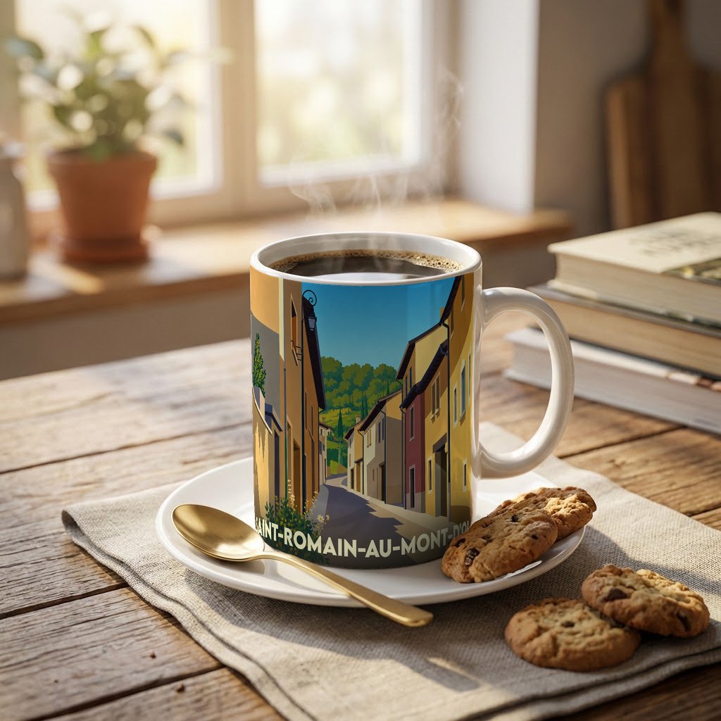 Mug souvenir de la ville de Saint-Romain-au-Mont-d'Or avec une illustration stylisée de ses ruelles.