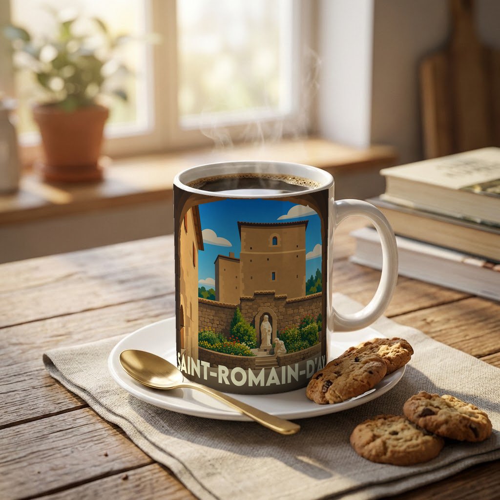 Mug souvenir de la ville de Saint-Romain-d'Ay avec une illustration stylisée de son patrimoine.