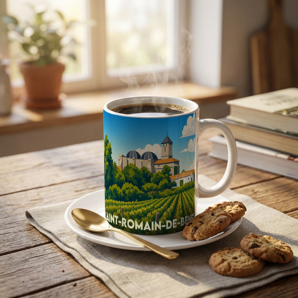 Mug souvenir de la ville de Saint-Romain-de-Benet avec une illustration stylisée de son église et de ses vignobles.