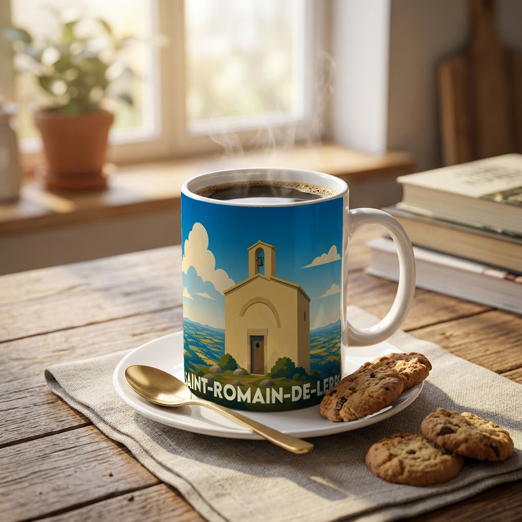 Mug souvenir de la ville de Saint-Romain-de-Lerps illustrant sa chapelle sous un ciel bleu.