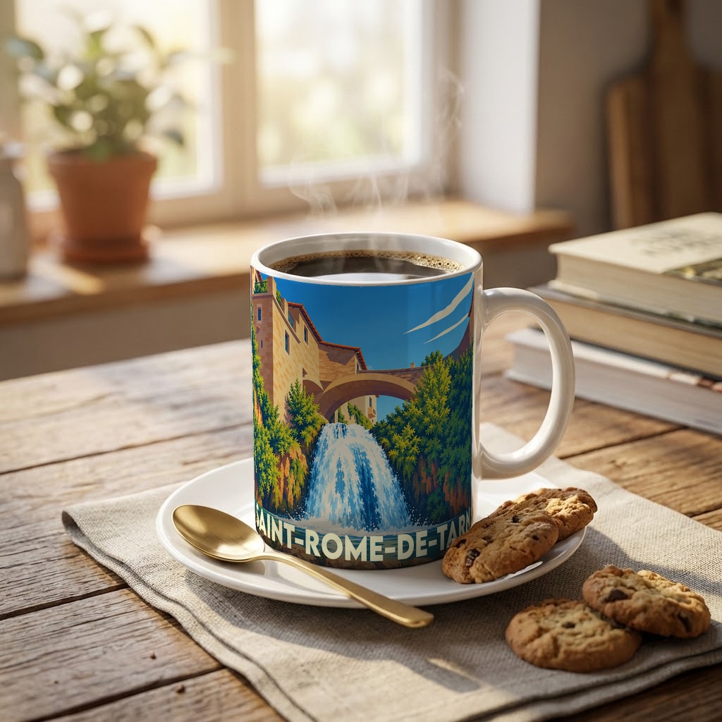 Mug souvenir de la ville de Saint-Rome-de-Tarn illustrant sa célèbre cascade et son pont en pierre.