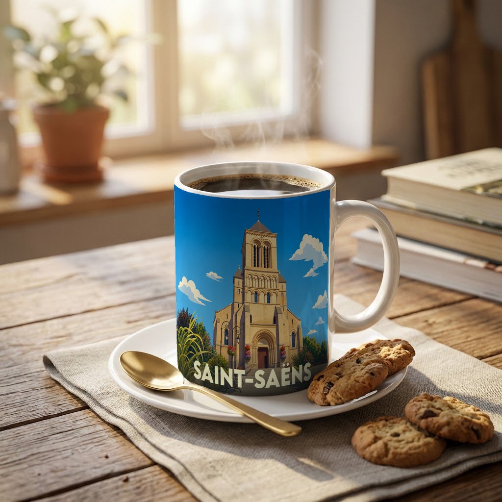Mug souvenir de la ville de Saint-Saëns avec une illustration stylisée de son église.