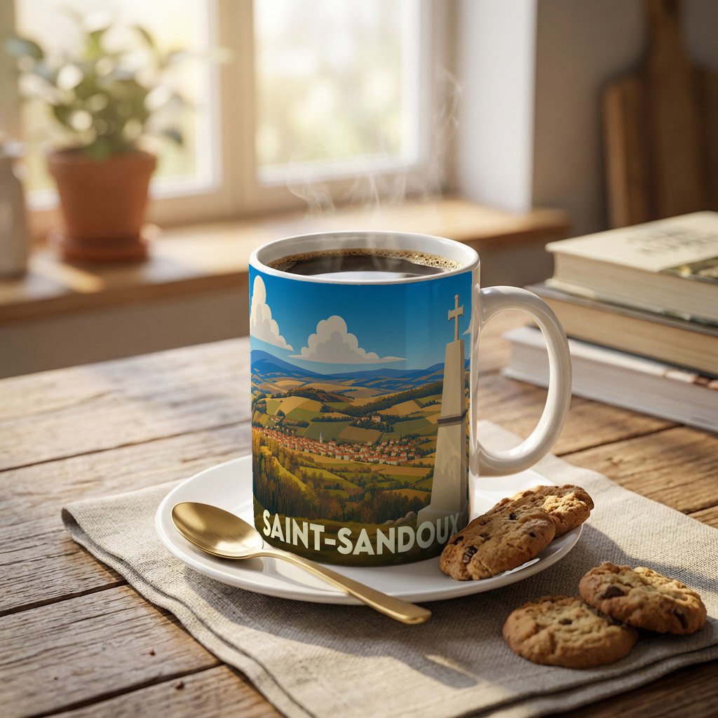Mug souvenir de la ville de Saint-Sandoux orné d'une illustration stylisée de ses paysages vallonnés.