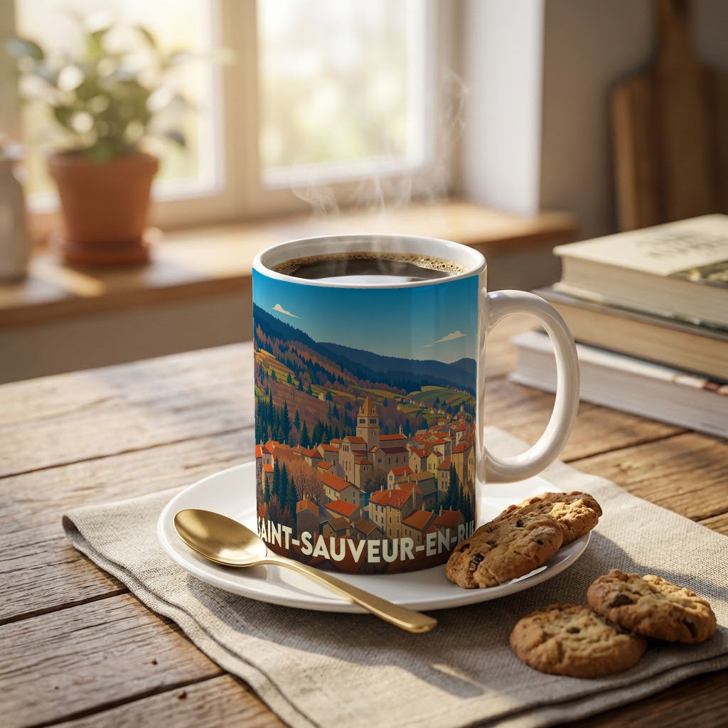Mug souvenir de la ville de Saint-Sauveur-en-Rue avec une illustration panoramique stylisée.