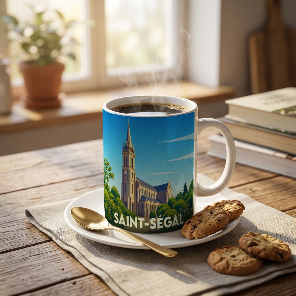 Mug souvenir de la ville de Saint-Ségal orné d'une illustration stylisée de son église.