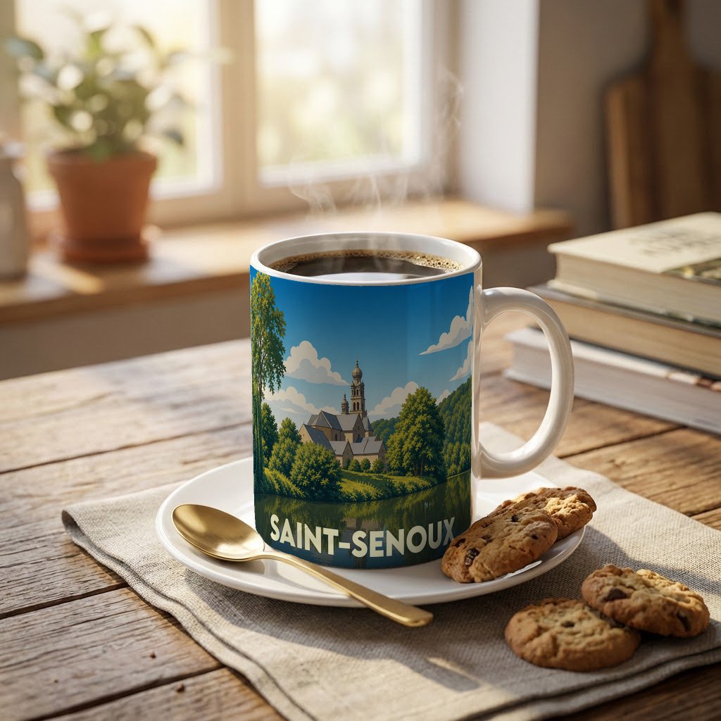 Mug souvenir de la ville de Saint-Senoux illustré d'un paysage stylisé avec église et rivière.