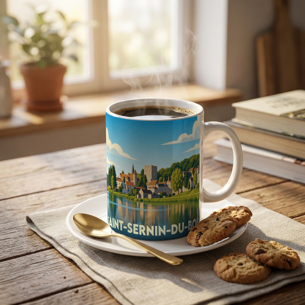 Mug souvenir de la ville de Saint-Sernin-du-Bois avec une illustration stylisée d'un paysage de bord de l'eau.