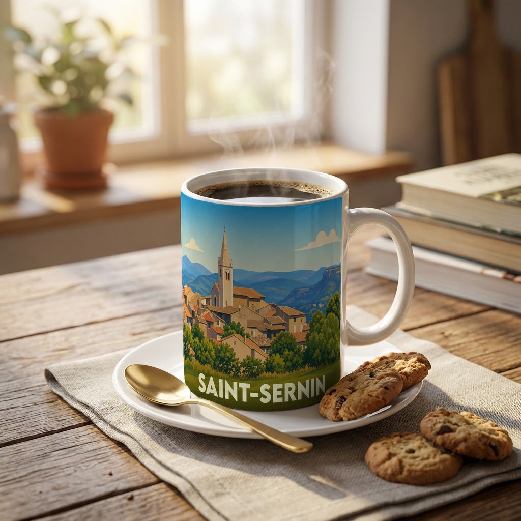 Mug souvenir de la ville de Saint-Sernin avec une illustration stylisée d'un village pittoresque.