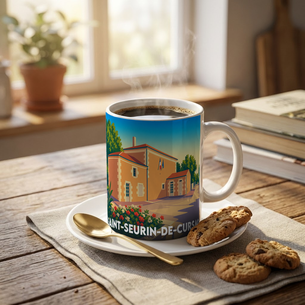 Mug souvenir de la ville de Saint-Seurin-de-Cursac avec une illustration stylisée.