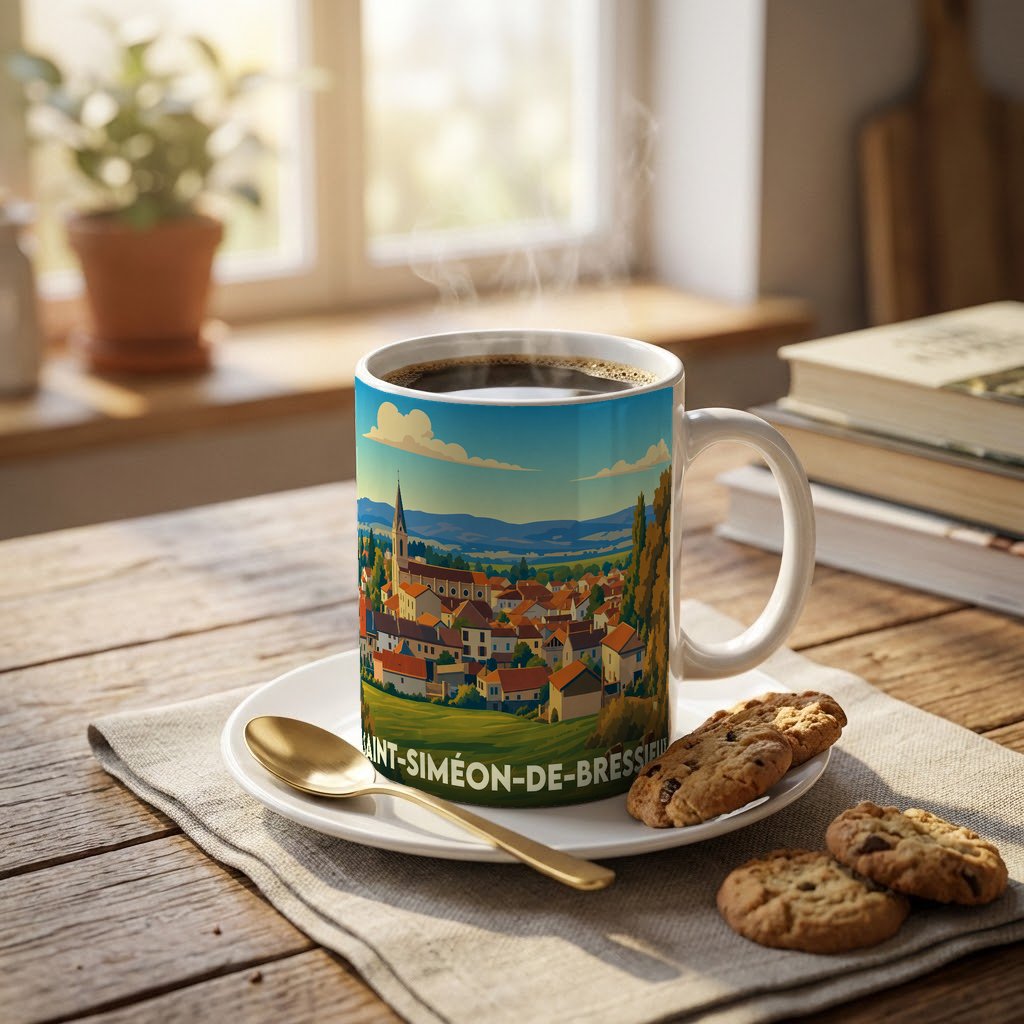 Mug souvenir de la ville de Saint-Siméon-de-Bressieux avec une illustration stylisée d'un paysage urbain pittoresque.