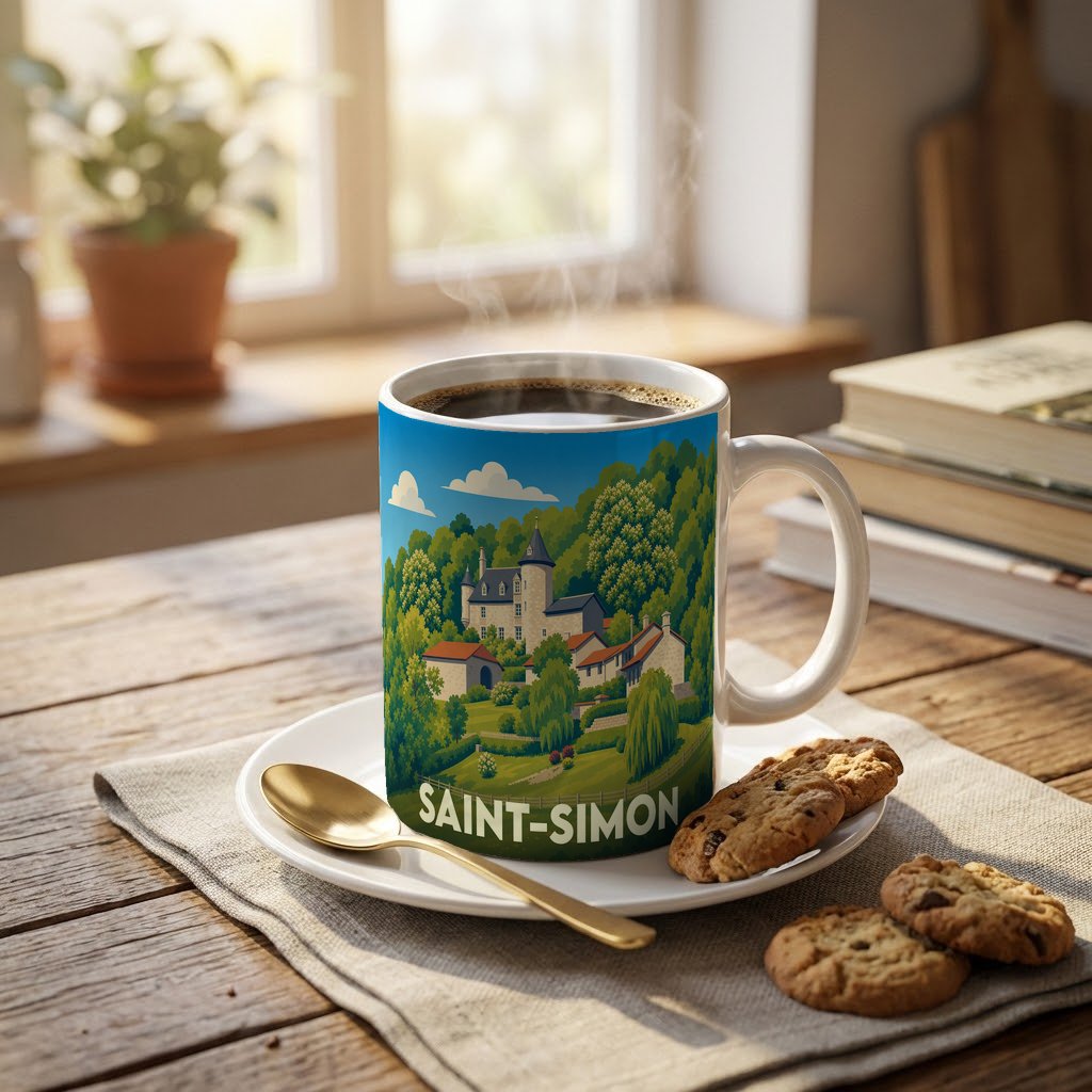 Mug souvenir de la ville de Saint-Simon orné d'une illustration stylisée d'un village et de son château.