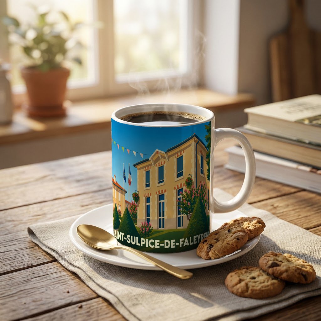 Mug souvenir de la ville de Saint-Sulpice-de-Faleyrens avec une illustration stylisée de sa mairie.