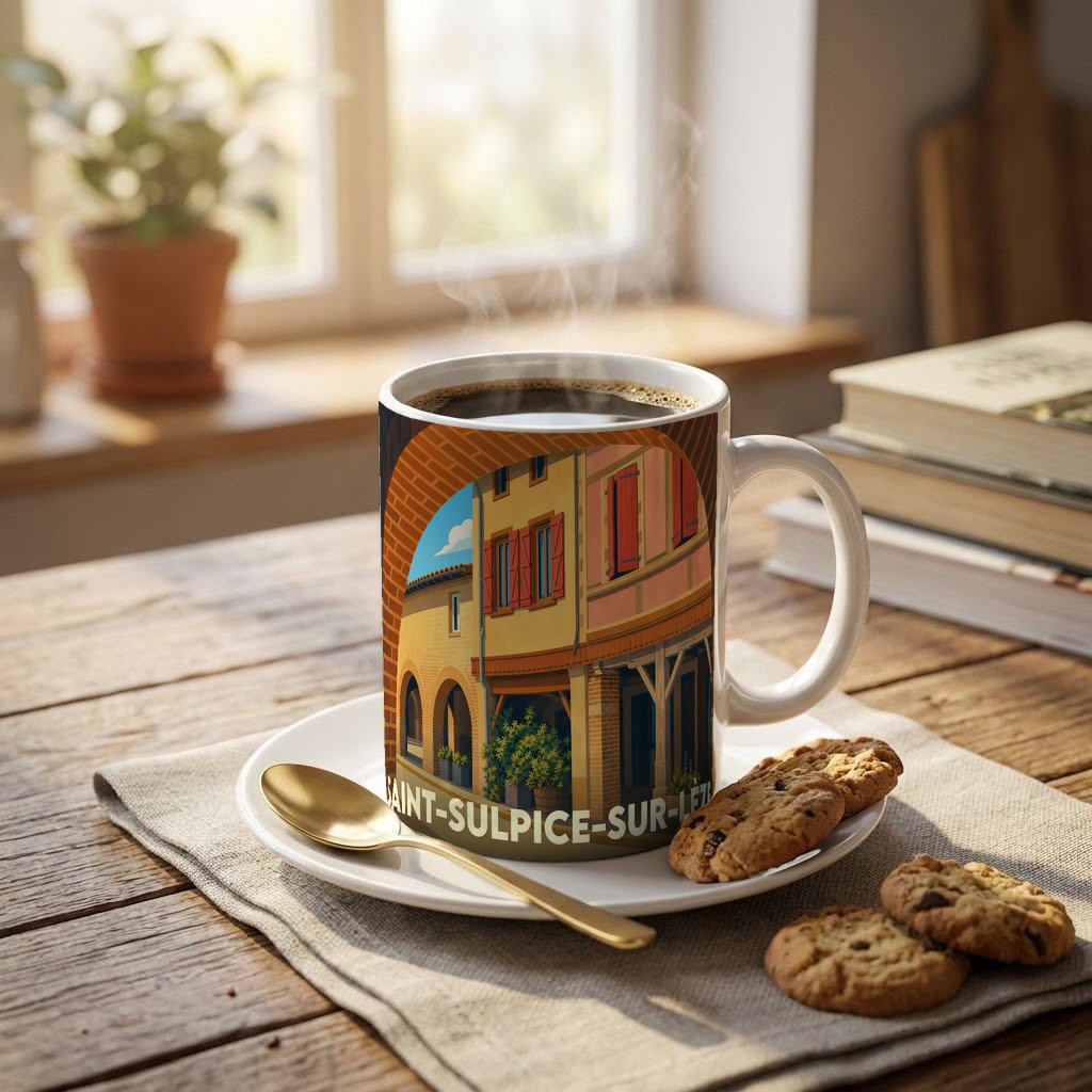 Mug souvenir de la ville de Saint-Sulpice-sur-Lèze avec une illustration stylisée d'une rue typique.
