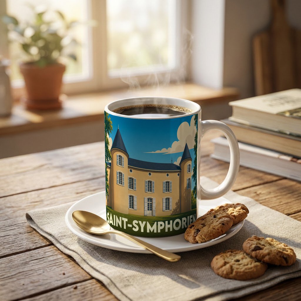 Mug souvenir de la ville de Saint-Symphorien orné d'une illustration stylisée de son château.