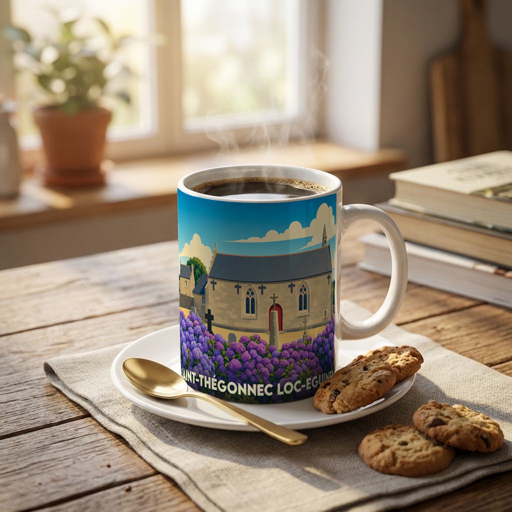 Mug souvenir de la ville de Saint-Thégonnec Loc-Eguiner illustré de son église entourée d'hortensias.