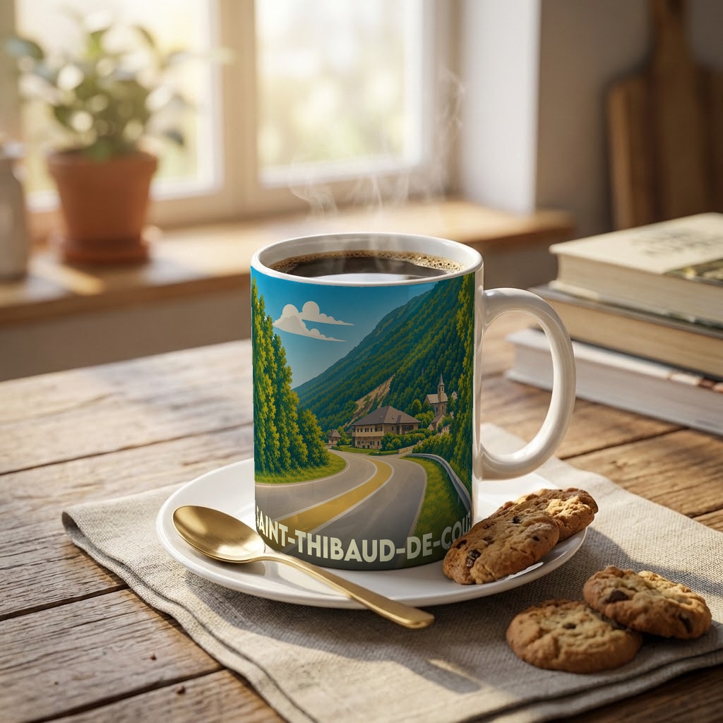 Mug souvenir de la ville de Saint-Thibaud-de-Couz orné d'une illustration de paysage de montagne.
