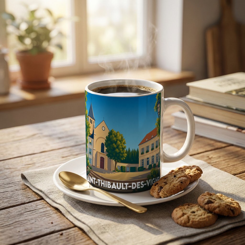 Mug souvenir de la ville de Saint-Thibault-des-Vignes avec une illustration stylisée de son église et de ses bâtiments.