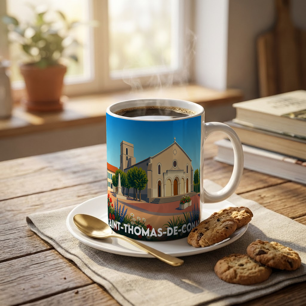 Mug souvenir de la ville de Saint-Thomas-de-Conac avec une illustration stylisée.
