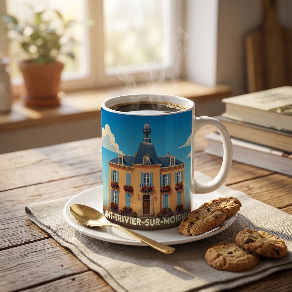 Mug souvenir de la ville de Saint-Trivier-sur-Moignans avec une illustration stylisée de son hôtel de ville.