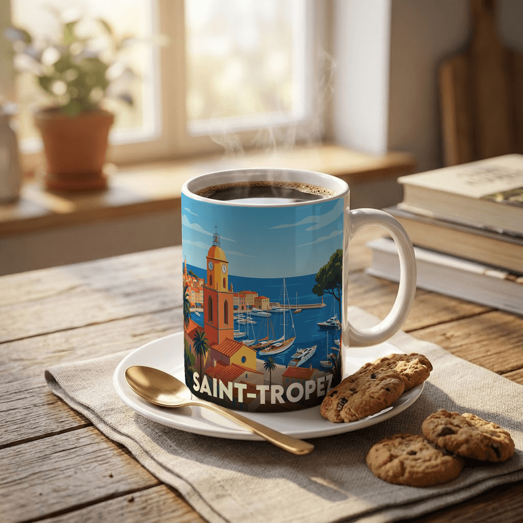 Mug souvenir de la ville de Saint-Tropez avec une illustration stylisée de son célèbre port.