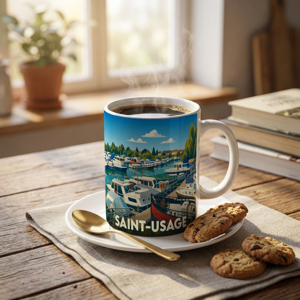 Mug souvenir de la ville de Saint-Usage orné d'une illustration stylisée de son port de plaisance.