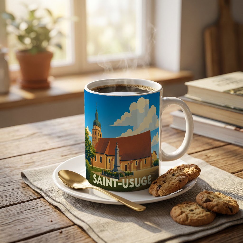 Mug souvenir de la ville de Saint-Usuge avec une illustration stylisée de son église.