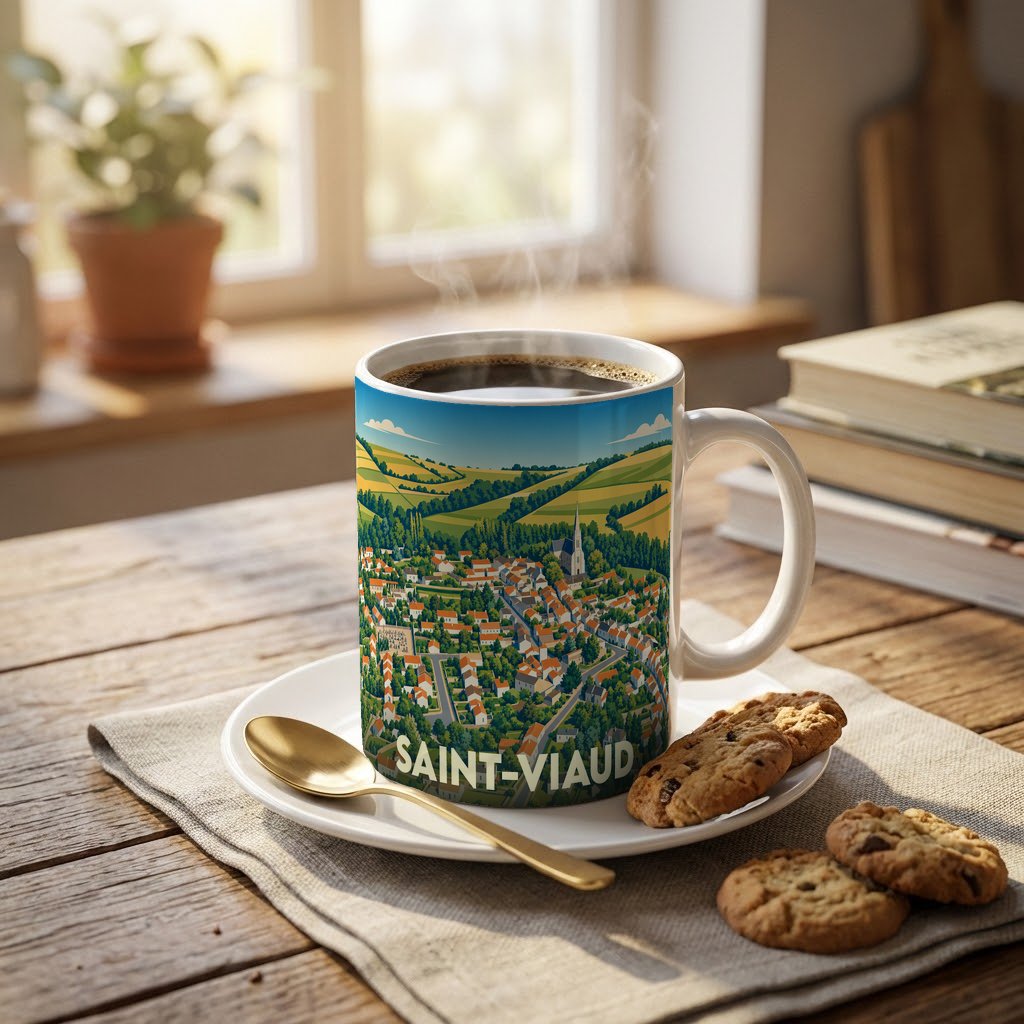 Mug souvenir de la ville de Saint-Viaud arborant une illustration paysagère stylisée.