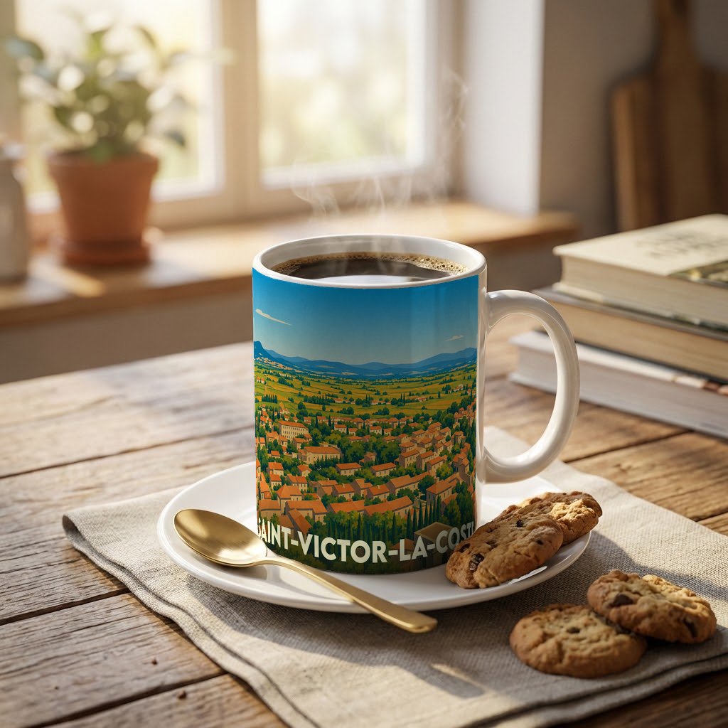 Mug souvenir de la ville de Saint-Victor-la-Coste avec une illustration panoramique stylisée.
