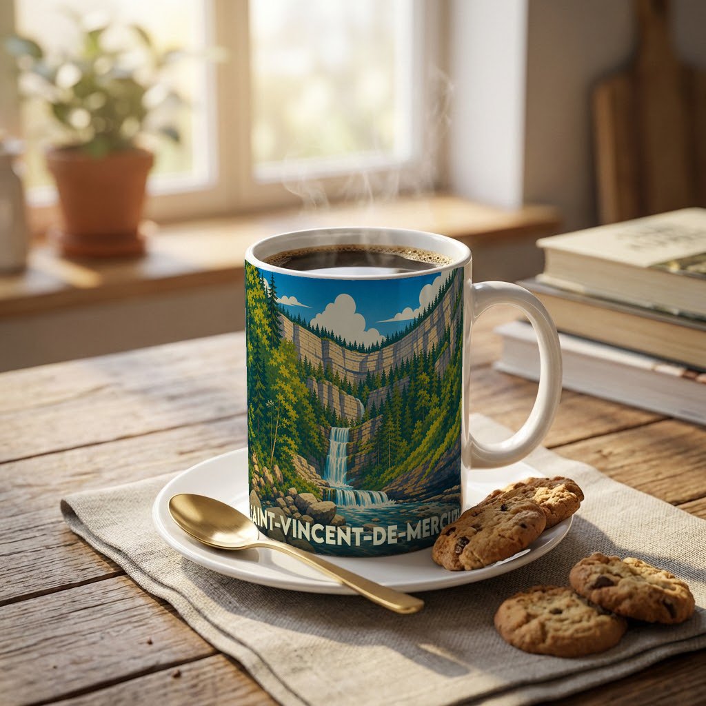 Mug souvenir de la ville de Saint-Vincent-de-Mercuze avec une illustration stylisée d'une cascade en forêt.