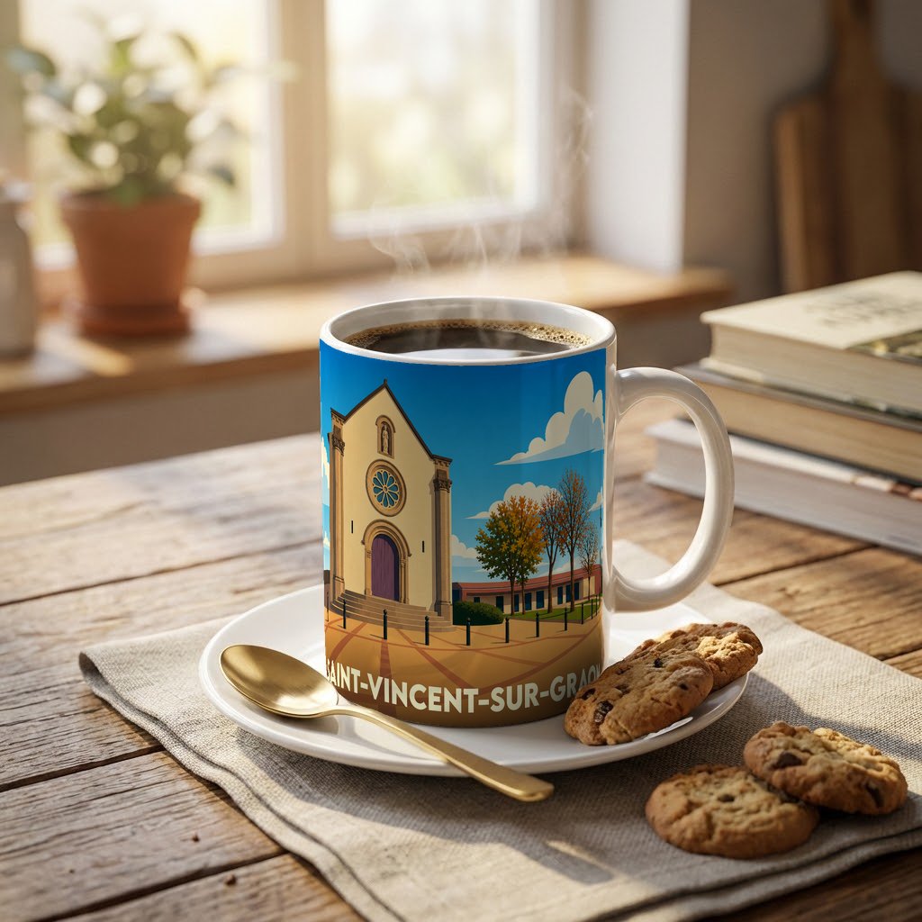 Mug souvenir de la ville de Saint-Vincent-sur-Graon orné d'une illustration stylisée de son église.