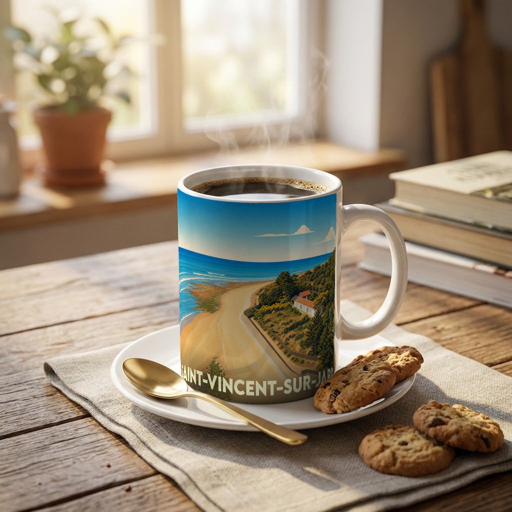 Mug souvenir de la ville de Saint-Vincent-sur-Jard avec une illustration stylisée du bord de mer.