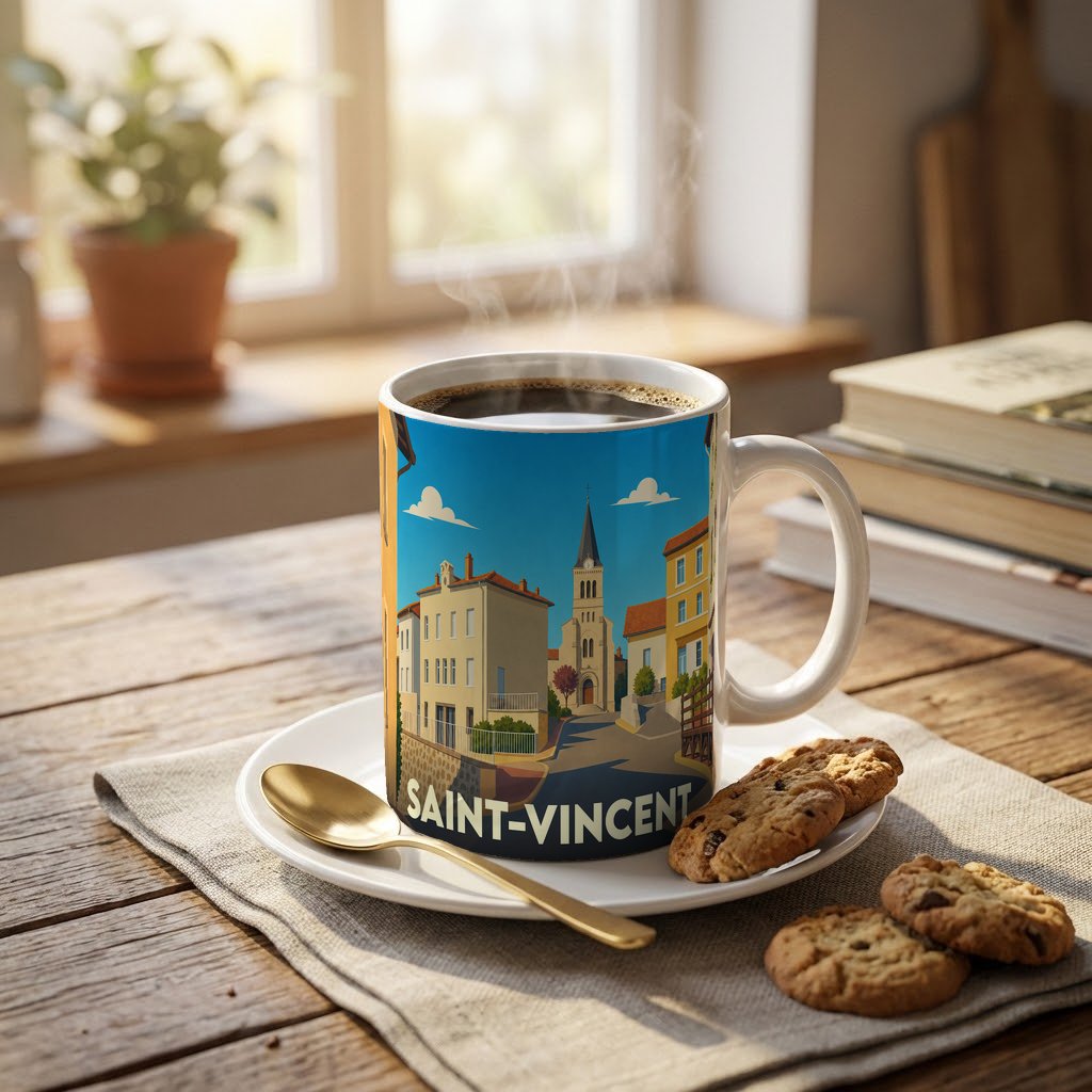 Mug souvenir de la ville de Saint-Vincent avec une illustration urbaine stylisée.