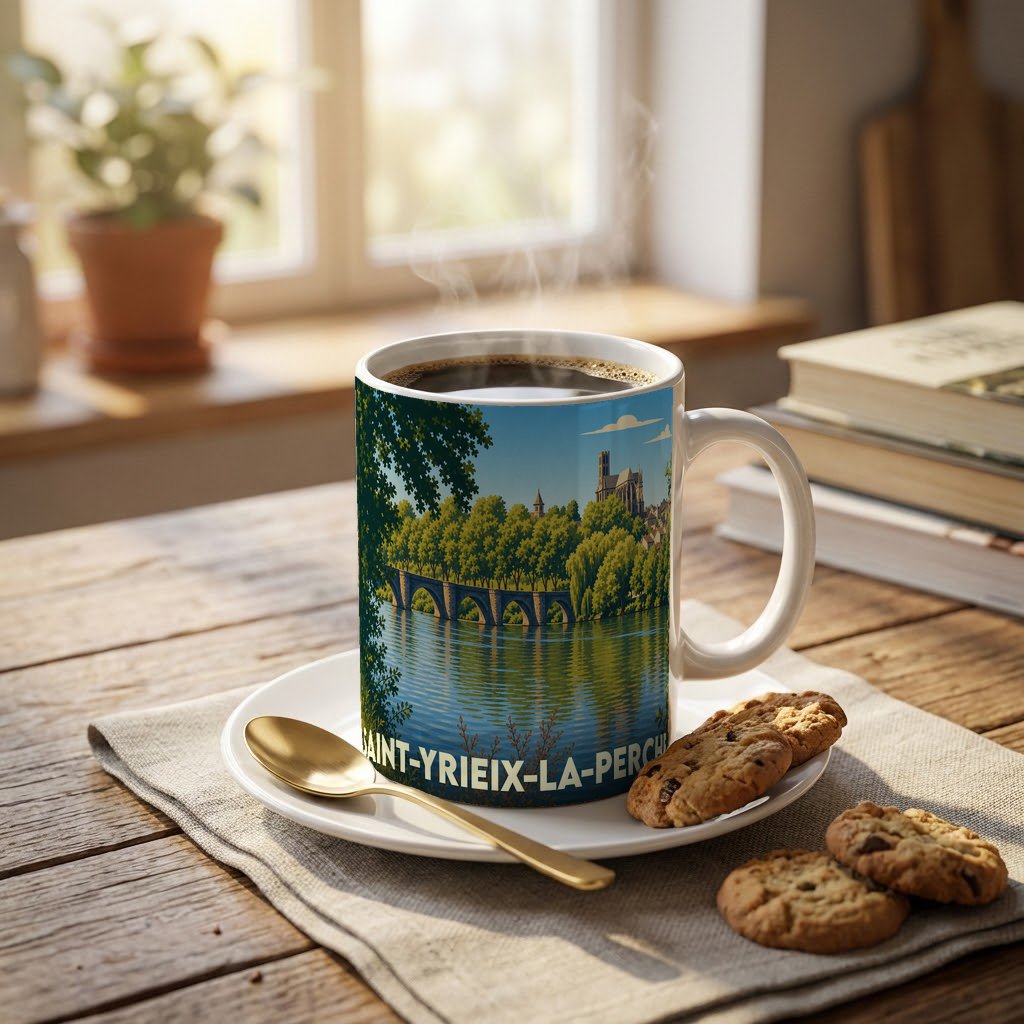 Mug souvenir de la ville de Saint-Yrieix-la-Perche avec une illustration stylisée de son pont et de son église.