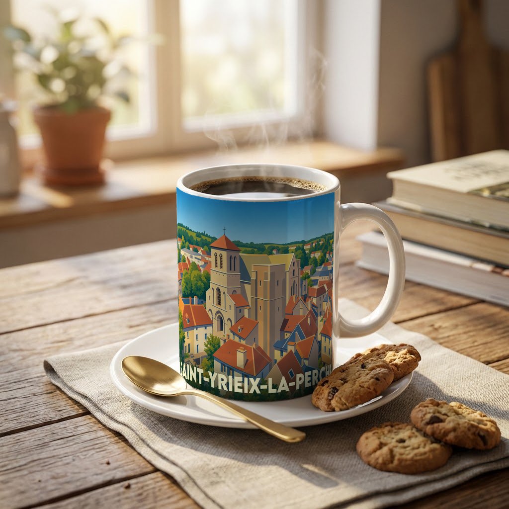 Mug souvenir de la ville de Saint-Yrieix-la-Perche avec une illustration stylisée de son église et de ses toits.