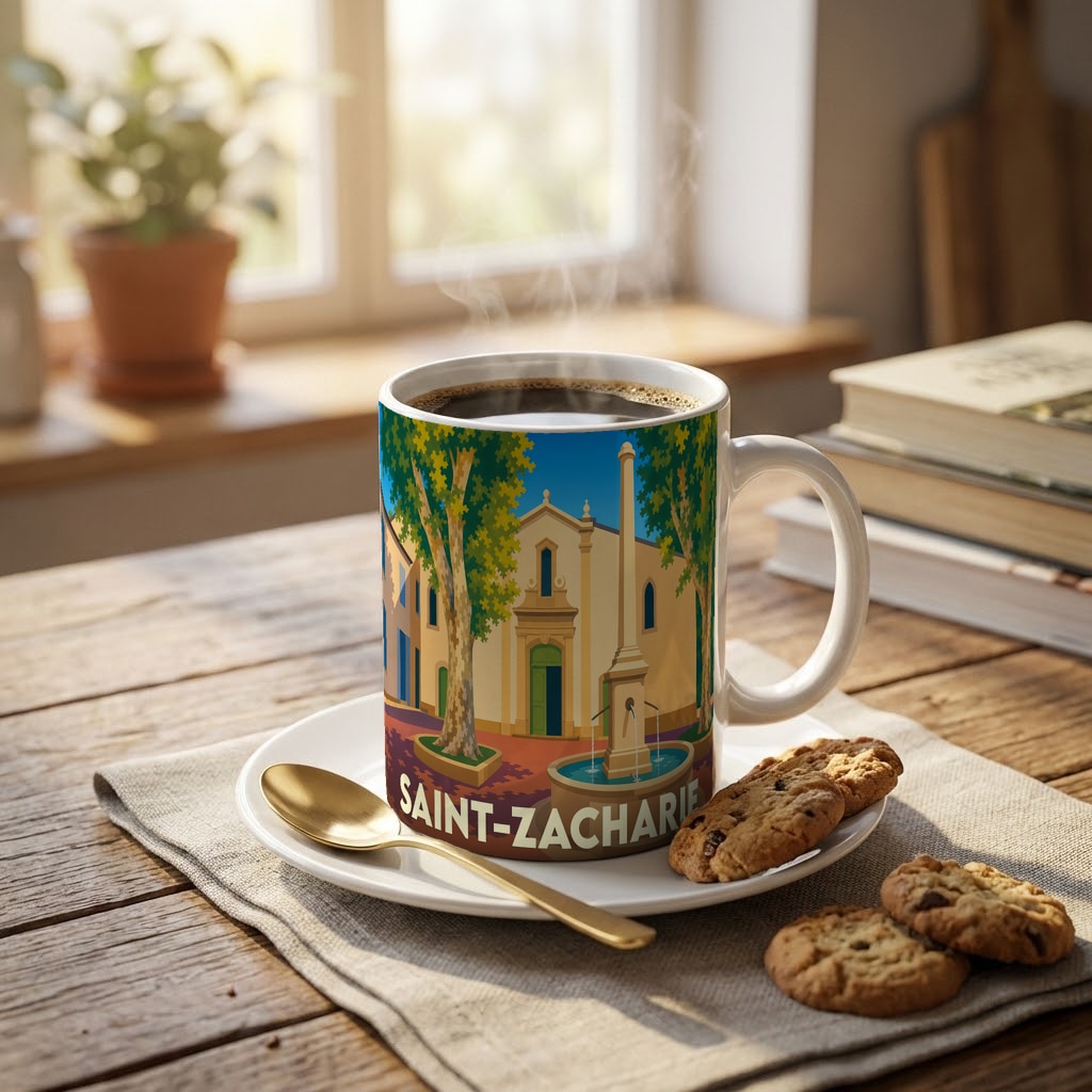 Mug souvenir de la ville de Saint-Zacharie orné d'une illustration stylisée de sa place centrale.