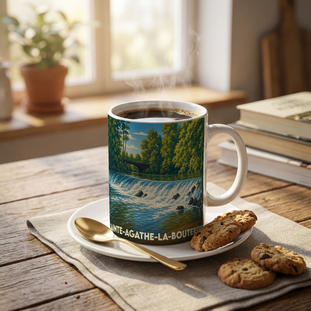 Mug souvenir de Sainte-Agathe-la-Bouteresse illustré d'un paysage de cascade et de forêt.