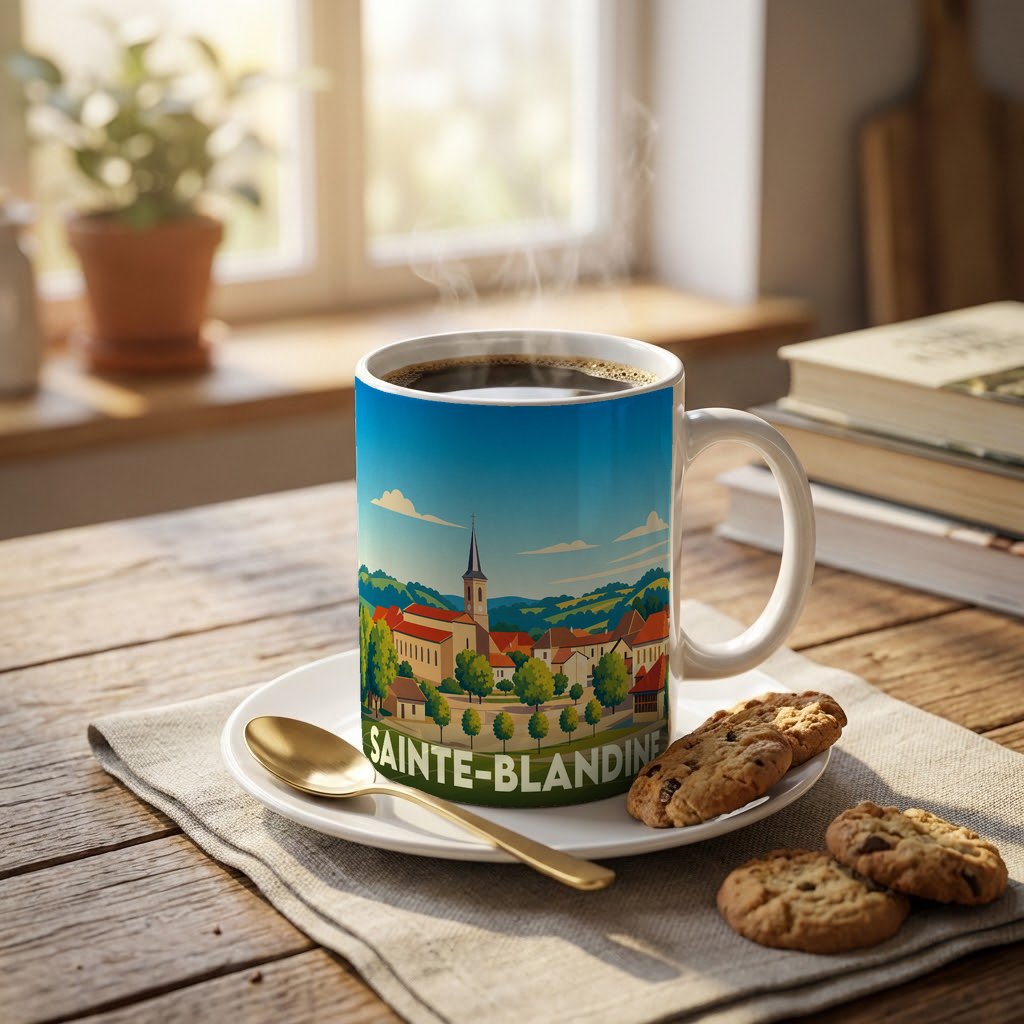 Mug souvenir de la ville de Sainte-Blandine avec une illustration stylisée d'un village.