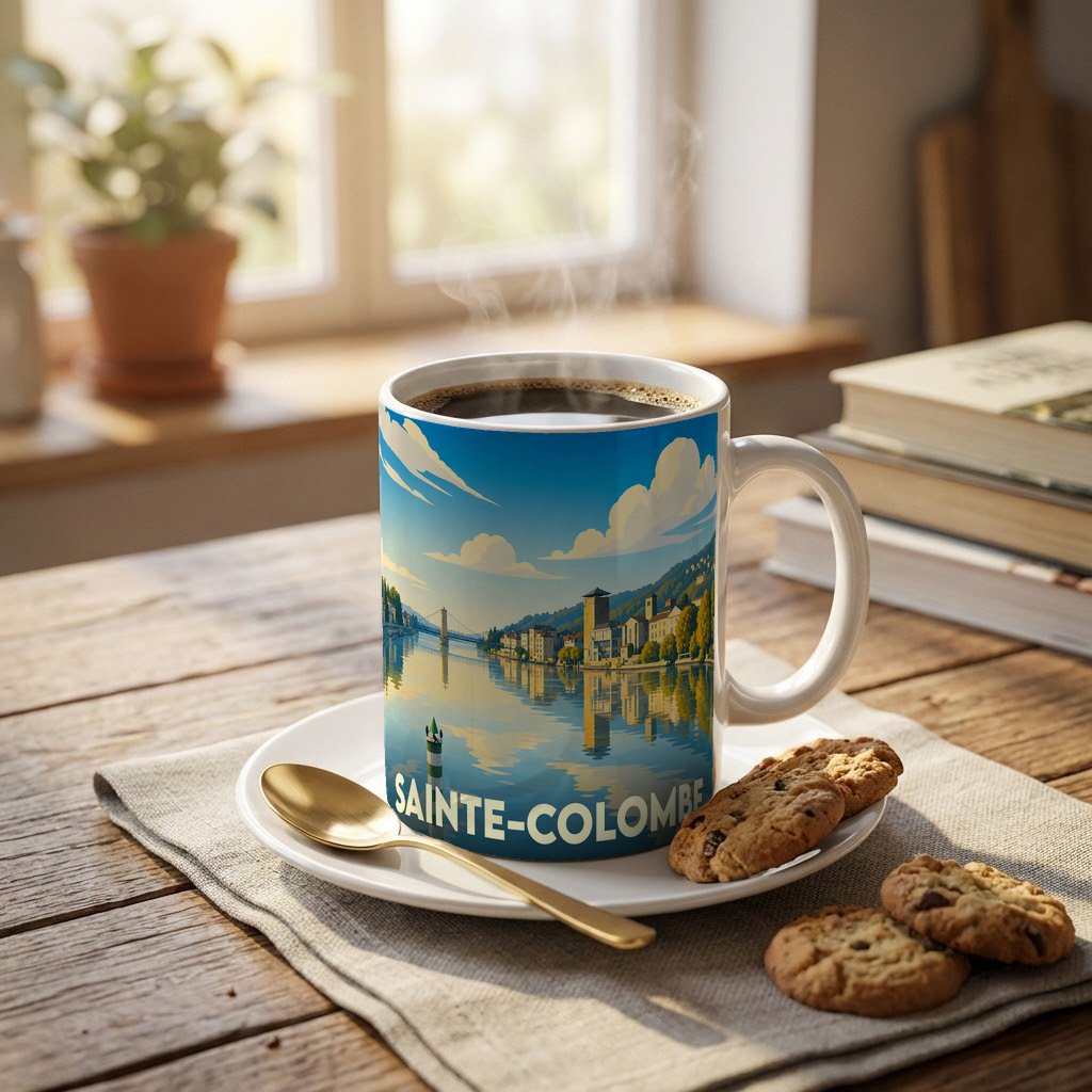 Mug souvenir de la ville de Sainte-Colombe avec une illustration stylisée des bords du Rhône.