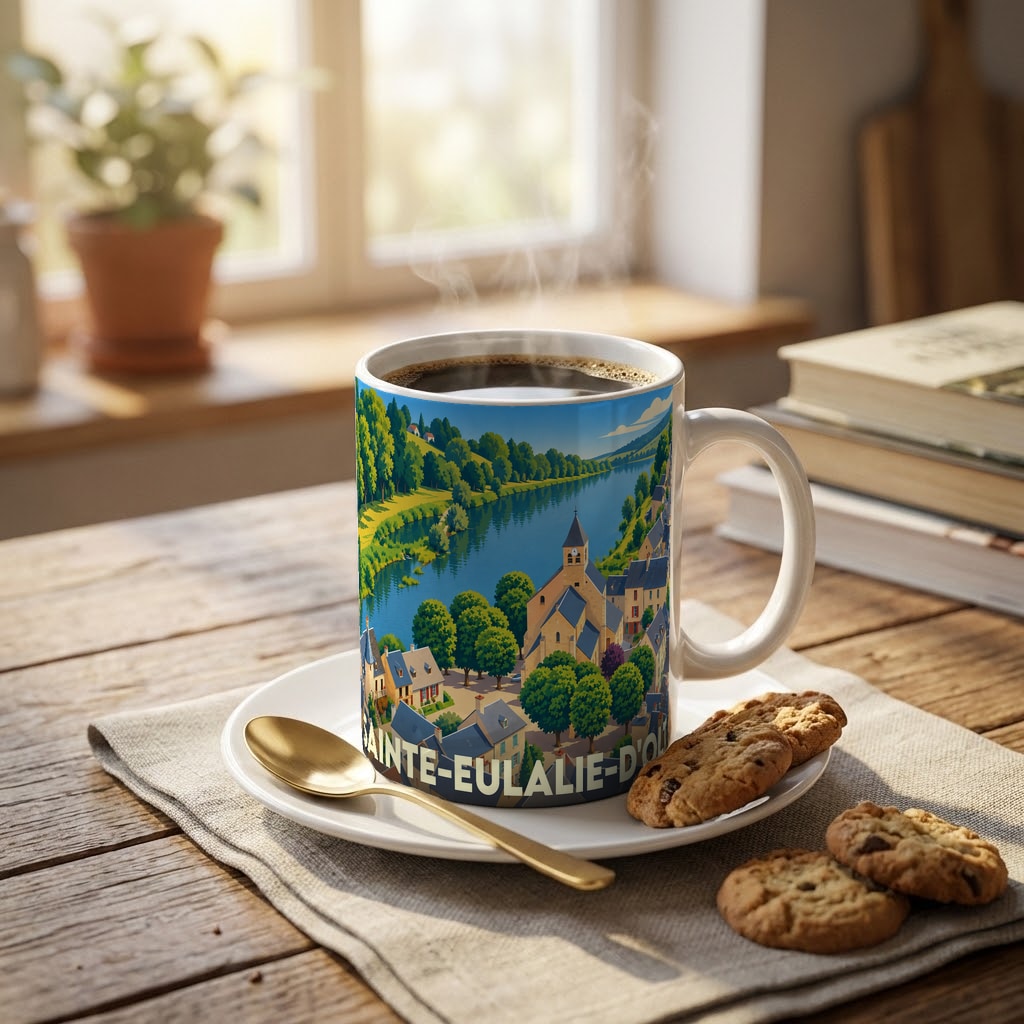 Mug souvenir de la ville de Sainte-Eulalie-d'Olt orné d'une illustration colorée représentant son église et la rivière Lot.