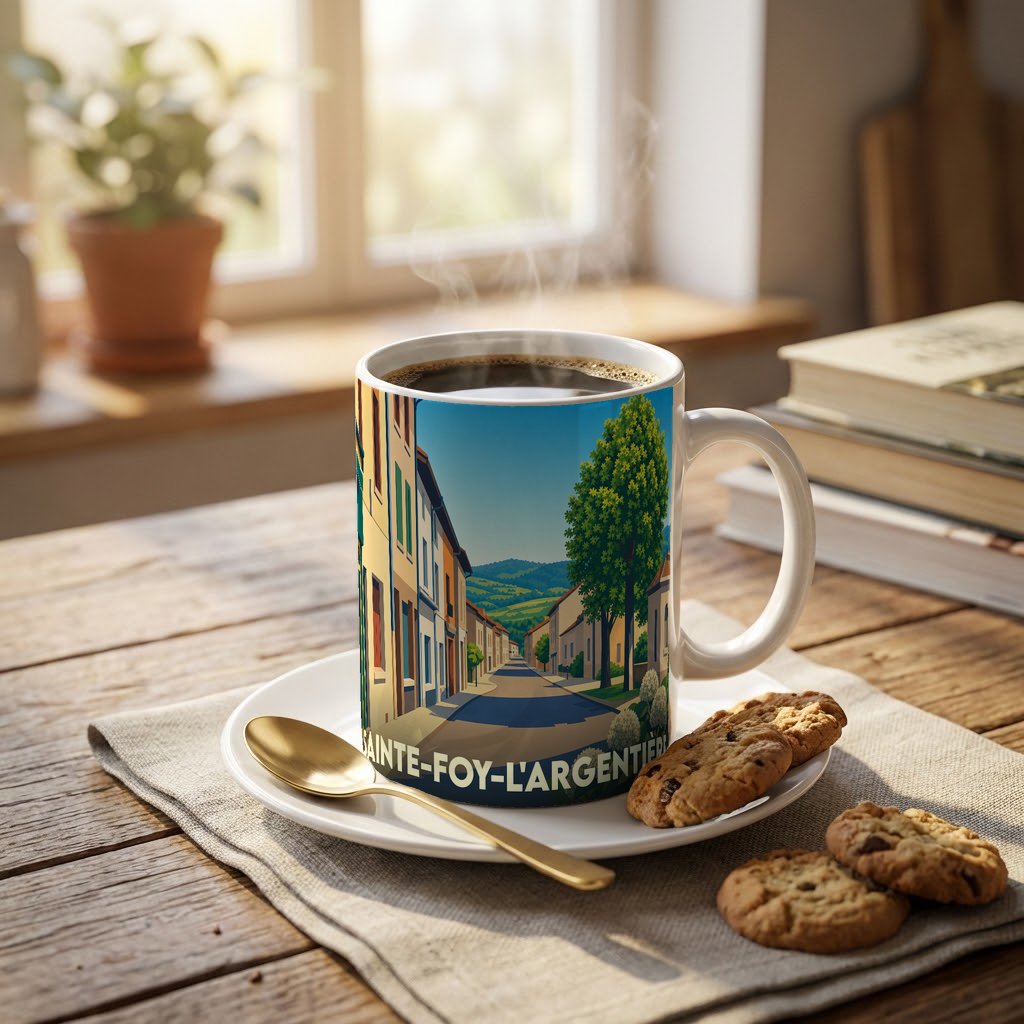 Mug souvenir de la ville de Sainte-Foy-l'Argentière avec une illustration stylisée d'une rue pittoresque.