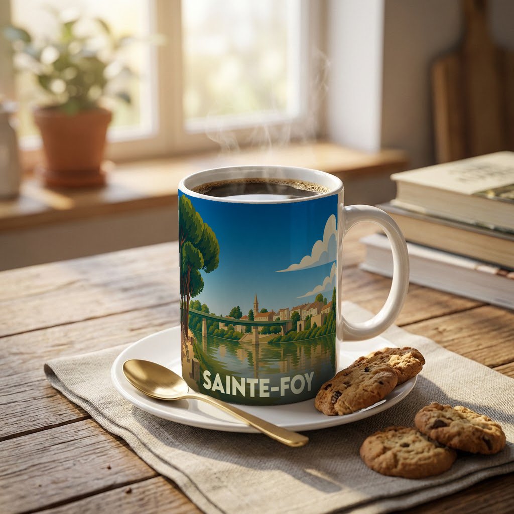 Mug souvenir de la ville de Sainte-Foy orné d'une illustration stylisée représentant son pont et son front de rivière.