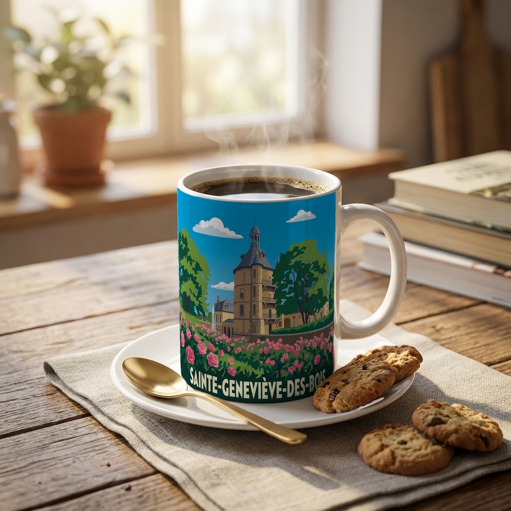 Mug souvenir de la ville de Sainte-Geneviève-des-Bois avec une illustration stylisée.